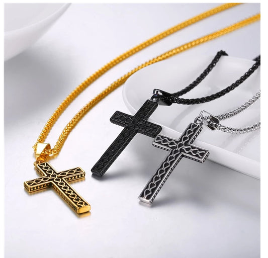 316L stainless steel gold plated christianity jewelry unique black mens vintage cross necklace with chain